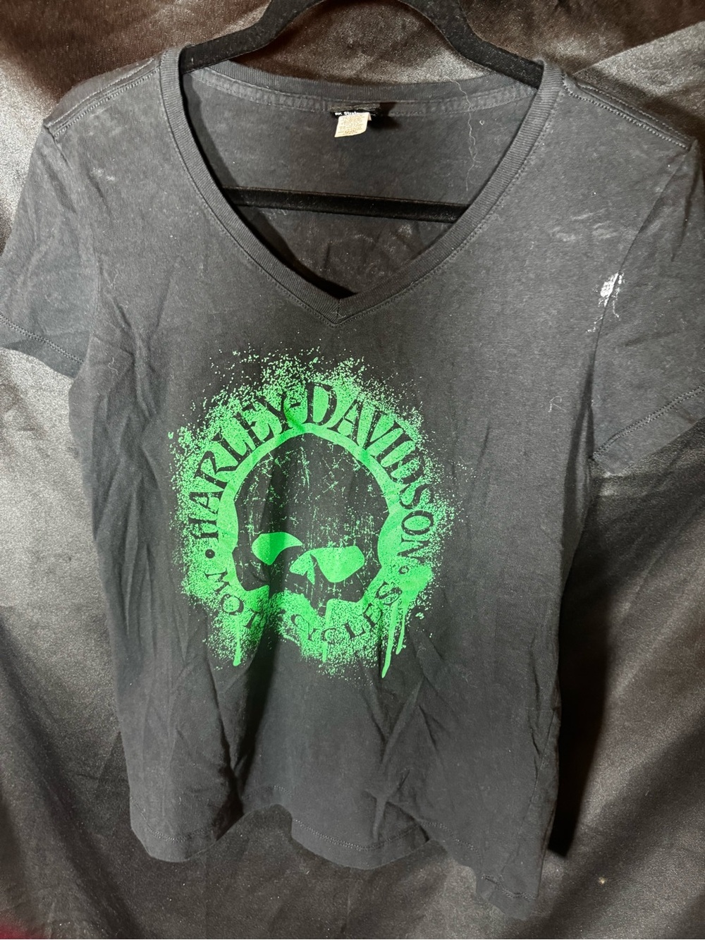Harley-Davidson Black V-Neck T-Shirt with Bright Green Skull Graphic